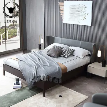 Современная минималистичная двуспальная кровать из массива дерева, итальянская минималистичная главная спальня, кожаное изголовье, мебель из воловьей кожи