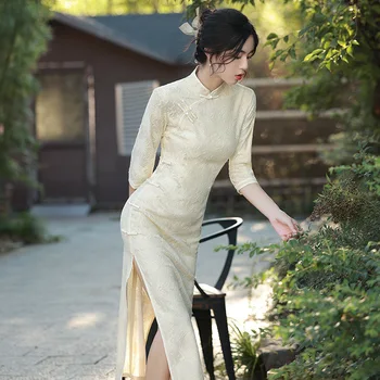 Китайское платье Cheongsam Qipao с разрезом, Свадебные платья для женщин, Традиционная Темно-синяя одежда, Повседневная Уличная одежда, Весна-лето