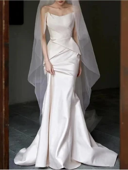 2023 Элегантные Длинные женские платья для выпускного вечера, роскошные белые атласные свадебные платья Русалки без бретелек со шлейфом для невесты