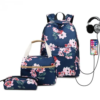 Новый рюкзак USB для девочек-подростков, Женский нейлоновый школьный рюкзак с цветочным принтом в Корейском стиле колледжа, Изоляционный мешок 3 комплекта