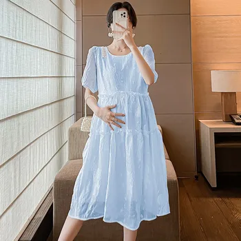 Корейское летнее женское платье для беременных, милая повседневная одежда с пышными рукавами, Свободные стильные платья с бусинами для беременных, большие размеры