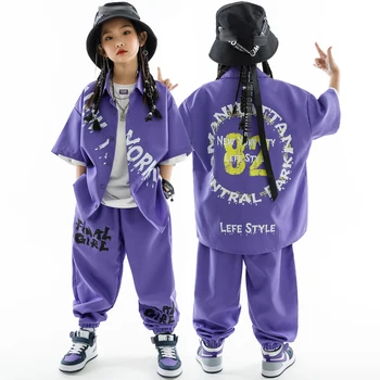 Фиолетовый костюм для выступления в стиле Kpop, Одежда для подростков, современный джазовый танцевальный костюм, одежда для девочек и мальчиков в стиле хип-хоп с короткими рукавами