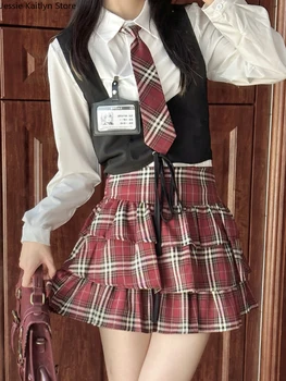 Японская школьная форма Kawaii, женская осенняя Корейская милая студенточка, косплей, униформа JK, рубашка с длинным рукавом и юбка в клетку, комплект