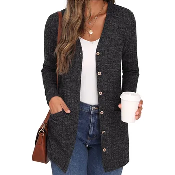 Женская модная уличная одежда с карманами в рубчик, однобортный жакет-кардиган, осенняя однотонная туника с V-образным вырезом и длинным рукавом, верхняя одежда, пальто