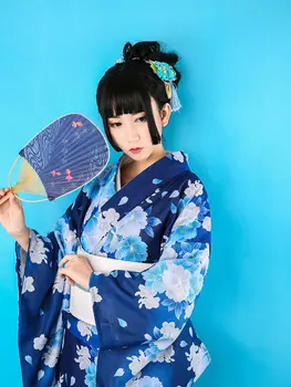 Японское традиционное платье-кимоно с цветочным принтом Obi, воздушные платья, костюм для женщин, синее платье-кимоно гейши Хаори, костюм-юката