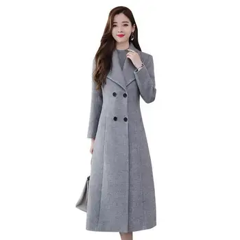 Шерстяное пальто Плюс Размер Шерстяная верхняя одежда, Обтягивающая талию, Непромокаемое женское повседневное двубортное зимнее шерстяное пальто чистого цвета