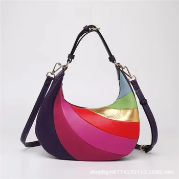 Разноцветный кошелек Half Moon через плечо, красочная сумочка Rainbow Tote, сумочка в полоску с соединительной строчкой, роскошная женская сумочка