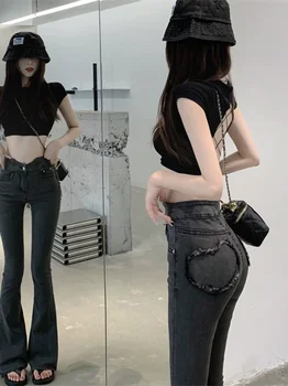 2023 Модные черные джинсы-скинни с высокой талией, женская летняя драпировка, тонкий дизайн, нишевые брюки с микро-рогами, женская одежда