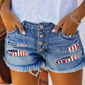 Женские рваные джинсовые шорты с принтом американского флага, повседневные джинсовые шорты с высокой талией