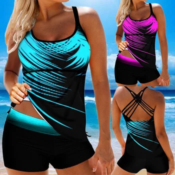 2021 Женский комплект Танкини с открытой спиной, Летние пляжные купальники из двух частей с принтом, женский купальный костюм, купальный костюм-Монокини Плюс размер 8XL