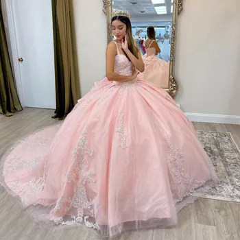 Розовые пышные платья принцессы на тонких бретельках, бусины, аппликации, цветы, милое платье 16th Vestido De Xv Años Prom Cour Train