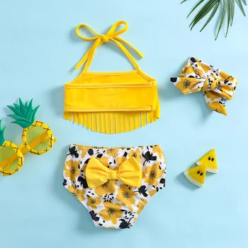 Детские купальники из трех частей с цветочным принтом бабочки, купальник-слинг с кисточками для маленьких девочек, раздельный купальник для пляжного отдыха