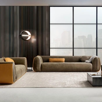 Итальянский дизайнерский оригинальный большой кожаный диван для виллы, мебель для гостиной, легкий роскошный итальянский трехместный диван
