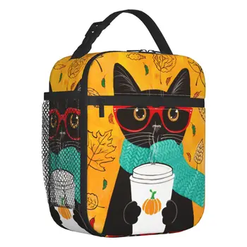 Женская сумка для ланча с изоляцией Black Cat, герметичный термоохладитель для кофе с осенней тыквой, коробка для ланча, офис, работа, школа