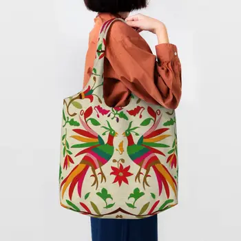 Otomi Birds, Мексиканские цветы, сумки для покупок с вышивкой, многоразовые сумки для покупок с народной цветочной текстурой, холщовая сумка для покупок через плечо