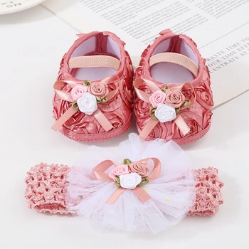 Комплект обуви для девочек 0-12 м, повязка на голову, мягкая подошва, цветочная обувь для кроватки, эластичная лента, нескользящая обувь для малышей, повязка на голову для душа