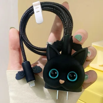 Симпатичный мультяшный кот Зарядная головка Защитный чехол для зарядного устройства Apple iPhone 18 Вт 20 Вт Адаптер питания Протектор Комплект для намотки кабеля