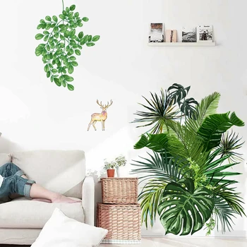 Съемные наклейки с зелеными растениями на стену, декор спальни, гостиной, настенные наклейки, обои с растениями, домашний декор