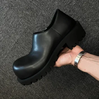 Черные мужские кожаные туфли без застежки с большим носком, 2023, с круглым носком, на толстой подошве, на массивном каблуке, Британская мода, роскошь