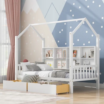 Деревянная кровать для дома Twin Size с 2 выдвижными ящиками, детская кровать с полкой для хранения мебели для спальни в помещении, белый