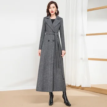 Новое женское Длинное шерстяное пальто с двубортным воротником для костюма, Приталенное пальто в английском стиле.