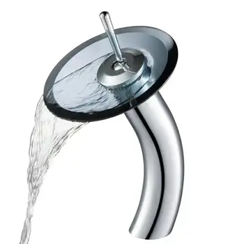 Смеситель для ванной с водопадом для раковины с прозрачным диском из черного стекла, хром