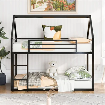 Двухъярусная кровать Twin Over Twin House Со встроенной лестницей, черная, прочная, проста в сборке, подходит для мебели для спальни