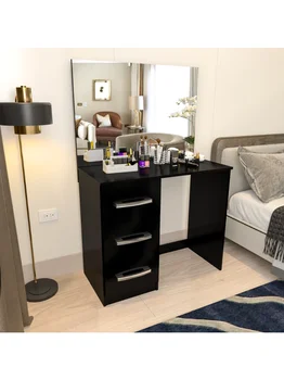 Современный туалетный столик для макияжа Boahaus Kira с 3 выдвижными ящиками, широким зеркалом, окрашенный в черный цвет, для спальни