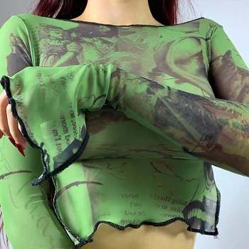 Прозрачная футболка с зеленой сеткой и принтом, облегающие топы с длинными расклешенными рукавами, сексуальные прозрачные женские топы Y2K в винтажном стиле Гранж