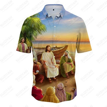 Мода 2023 года, рубашка с отворотом с принтом Иисуса, Летняя мужская рубашка, тенденция уличной моды, винтажная рубашка, топы с короткими рукавами 1