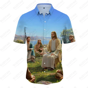 Мода 2023 года, рубашка с отворотом с принтом Иисуса, Летняя мужская рубашка, тенденция уличной моды, винтажная рубашка, топы с короткими рукавами 2