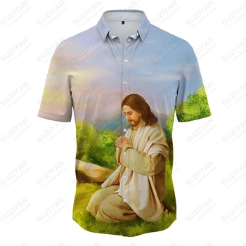 Мода 2023 года, рубашка с отворотом с принтом Иисуса, Летняя мужская рубашка, тенденция уличной моды, винтажная рубашка, топы с короткими рукавами 3