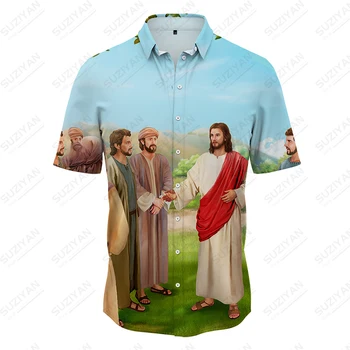 Мода 2023 года, рубашка с отворотом с принтом Иисуса, Летняя мужская рубашка, тенденция уличной моды, винтажная рубашка, топы с короткими рукавами 4