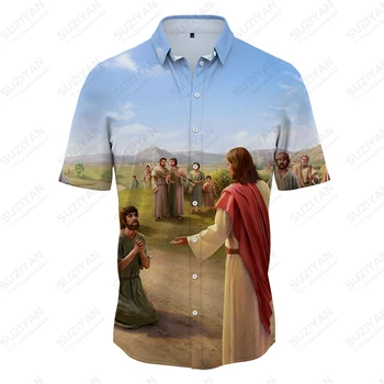 Мода 2023 года, рубашка с отворотом с принтом Иисуса, Летняя мужская рубашка, тенденция уличной моды, винтажная рубашка, топы с короткими рукавами 5