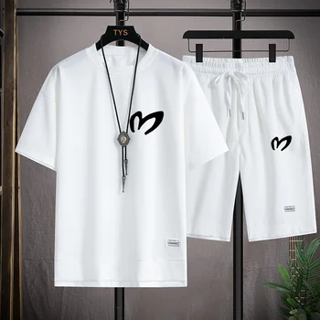 Новая осенняя мужская футболка и шорты, спортивная одежда из двух предметов, свободный комплект одежды в стиле харадзюку, повседневная одежда