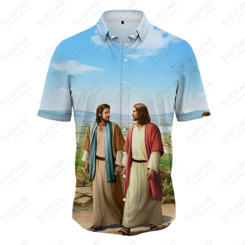 Мода 2023 года, рубашка с отворотом с принтом Иисуса, Летняя мужская рубашка, тенденция уличной моды, винтажная рубашка, топы с короткими рукавами