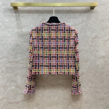 Новое твидовое пальто с окантовкой из бисера и тесьмы для женщин, разноцветные клетчатые куртки ручной работы 3