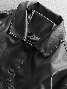 Mauroicardi Весна-осень, свободная повседневная Черная куртка из искусственной кожи, Мужские карманы, заниженные плечи, Длинный рукав, Корейская модная одежда 2023 г. 3